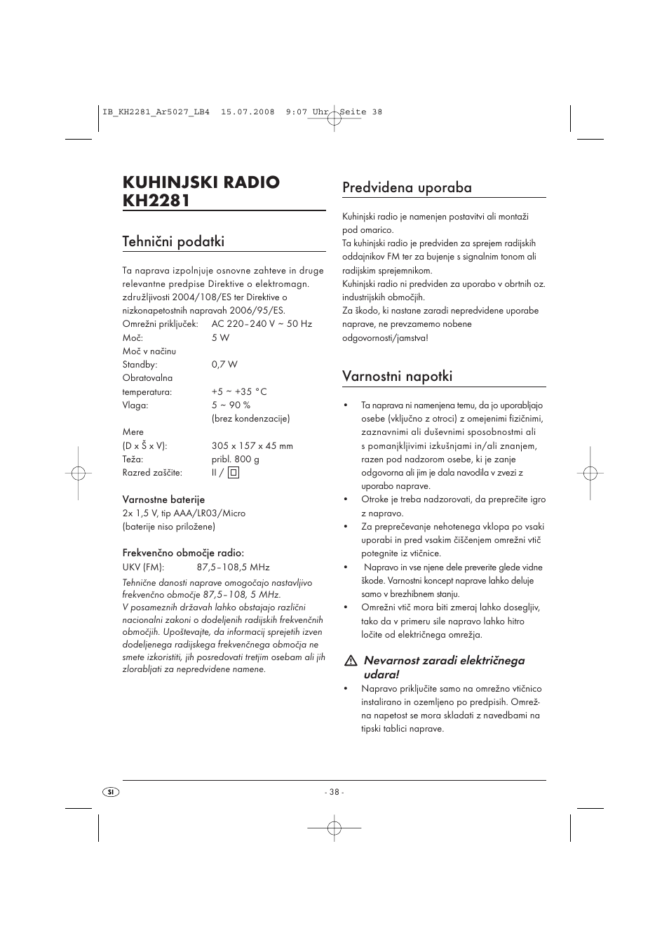 Kuhinjski radio kh2281, Tehnični podatki, Predvidena uporaba | Varnostni napotki | Silvercrest KH2281-07 User Manual | Page 40 / 98