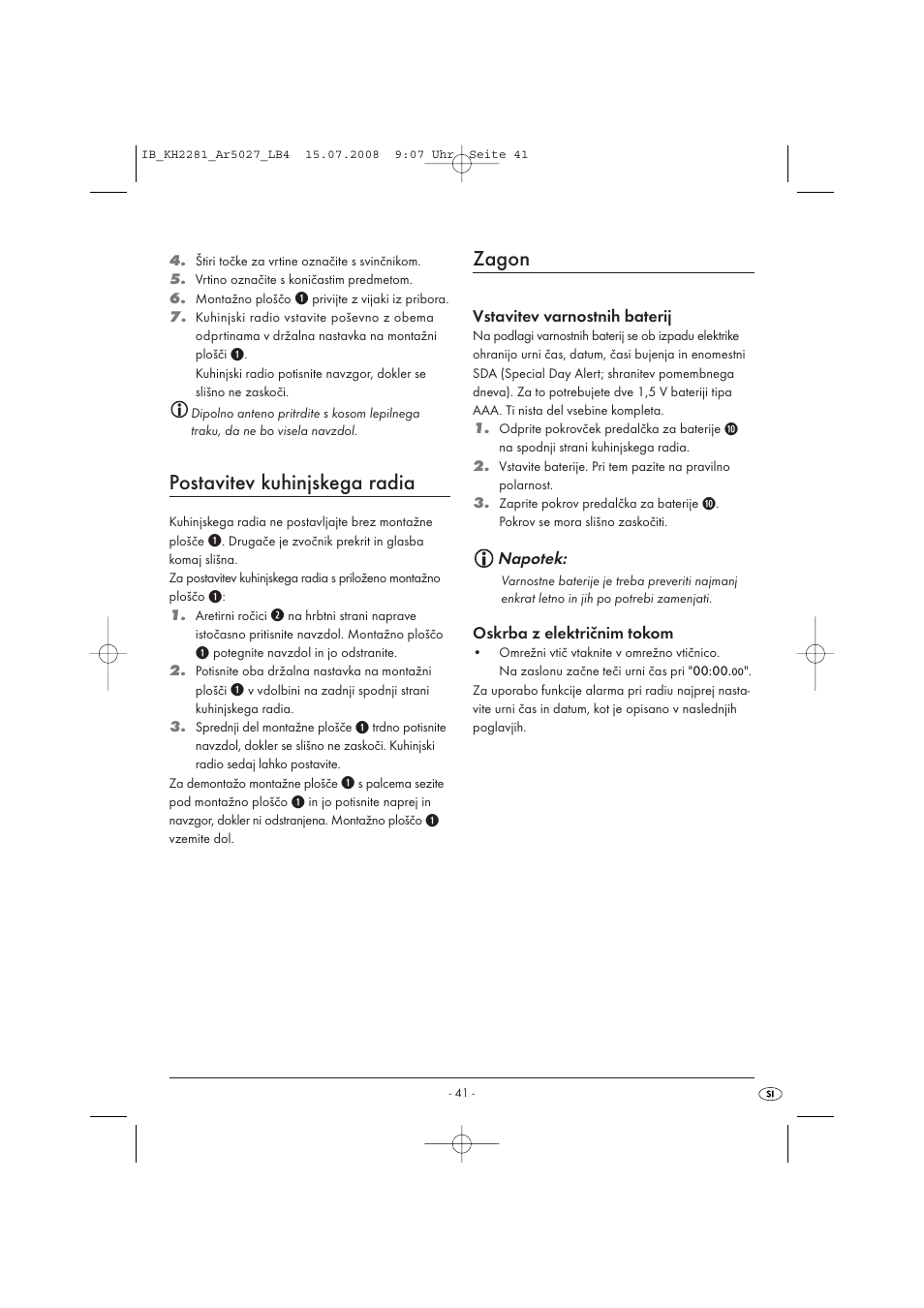 Postavitev kuhinjskega radia, Zagon | Silvercrest KH2281-07 User Manual | Page 43 / 98