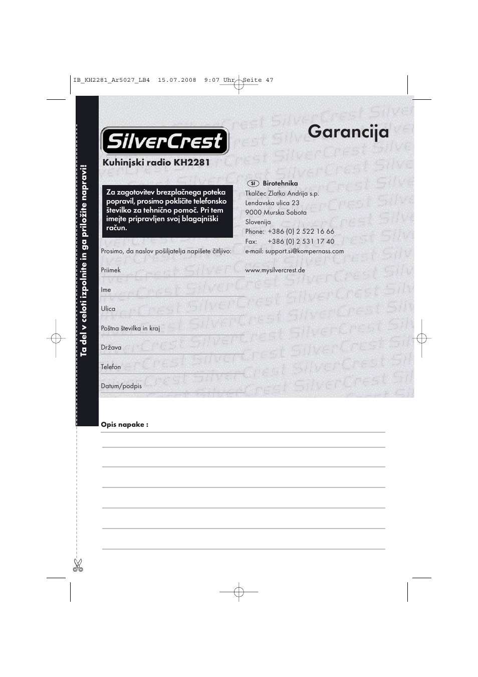 Garancija | Silvercrest KH2281-07 User Manual | Page 49 / 98