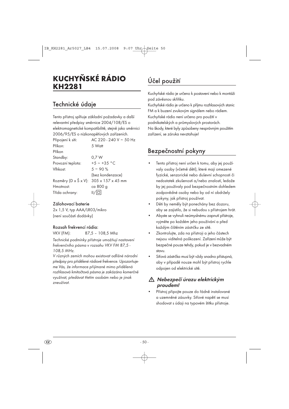 Kuchyňské rádio kh2281, Technické údaje, Účel použití | Bezpečnostní pokyny | Silvercrest KH2281-07 User Manual | Page 52 / 98