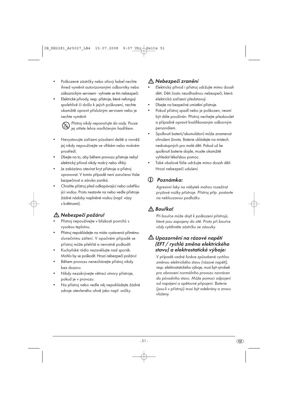 Nebezpečí požáru, Nebezpečí zranění, Poznámka | Bouřka | Silvercrest KH2281-07 User Manual | Page 53 / 98