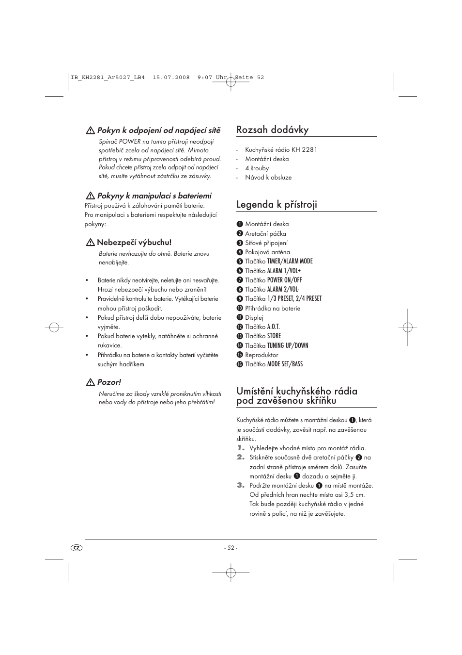Rozsah dodávky, Legenda k přístroji, Umístění kuchyňského rádia pod zavěšenou skříňku | Silvercrest KH2281-07 User Manual | Page 54 / 98