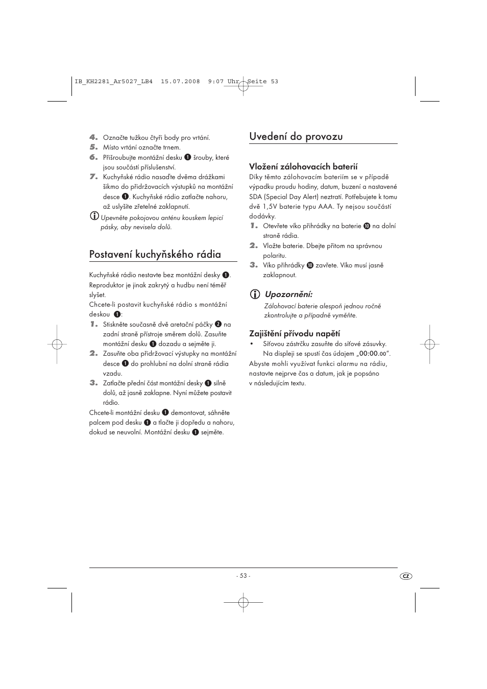 Postavení kuchyňského rádia, Uvedení do provozu | Silvercrest KH2281-07 User Manual | Page 55 / 98
