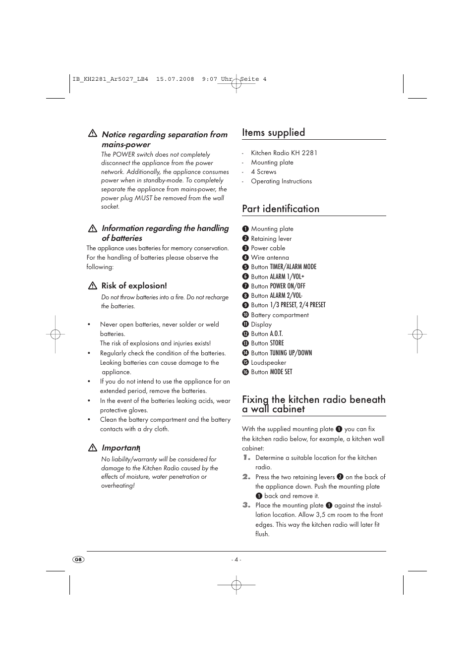 Items supplied, Part identification, Fixing the kitchen radio beneath a wall cabinet | Silvercrest KH2281-07 User Manual | Page 6 / 98
