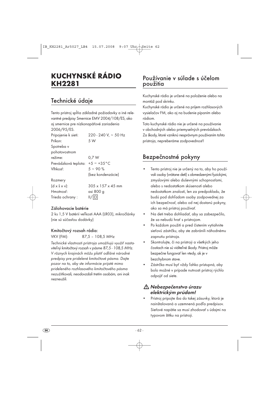 Kuchynské rádio kh2281, Technické údaje, Používanie v súlade s účelom použitia | Bezpečnostné pokyny | Silvercrest KH2281-07 User Manual | Page 64 / 98