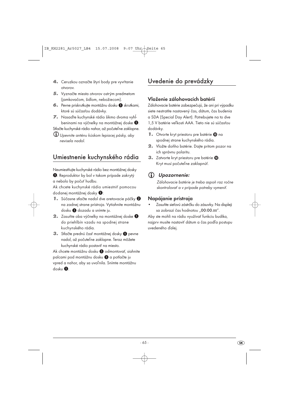 Umiestnenie kuchynského rádia, Uvedenie do prevádzky | Silvercrest KH2281-07 User Manual | Page 67 / 98
