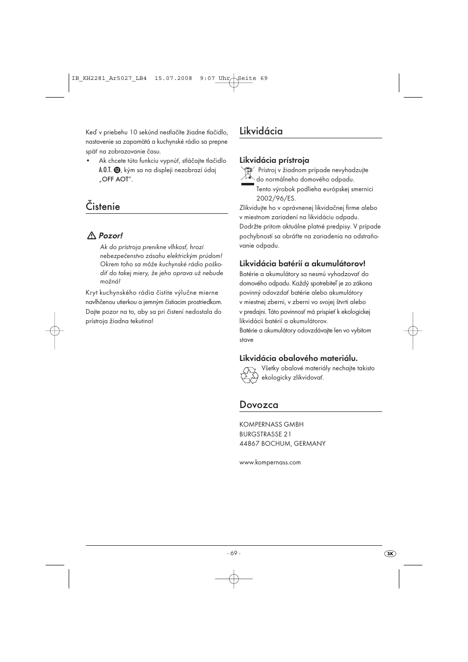 Čistenie, Likvidácia, Dovozca | Silvercrest KH2281-07 User Manual | Page 71 / 98