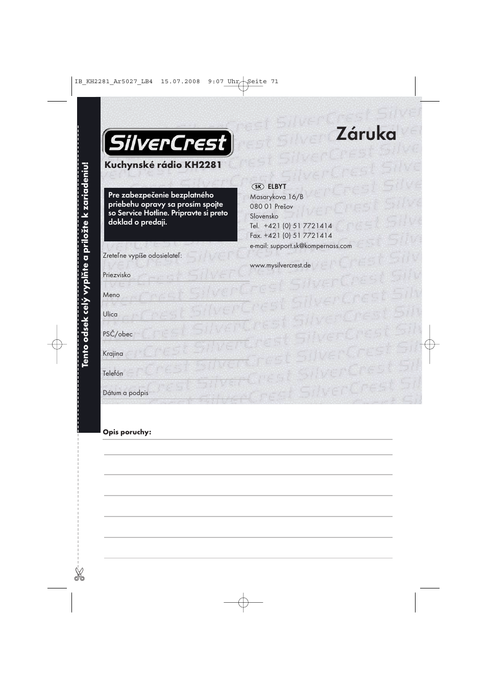 Záruka | Silvercrest KH2281-07 User Manual | Page 73 / 98