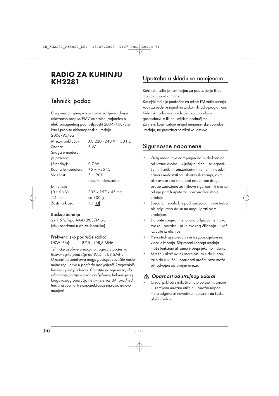 Radio za kuhinju kh2281, Tehnički podaci, Upotreba u skladu sa namjenom | Sigurnosne napomene | Silvercrest KH2281-07 User Manual | Page 76 / 98