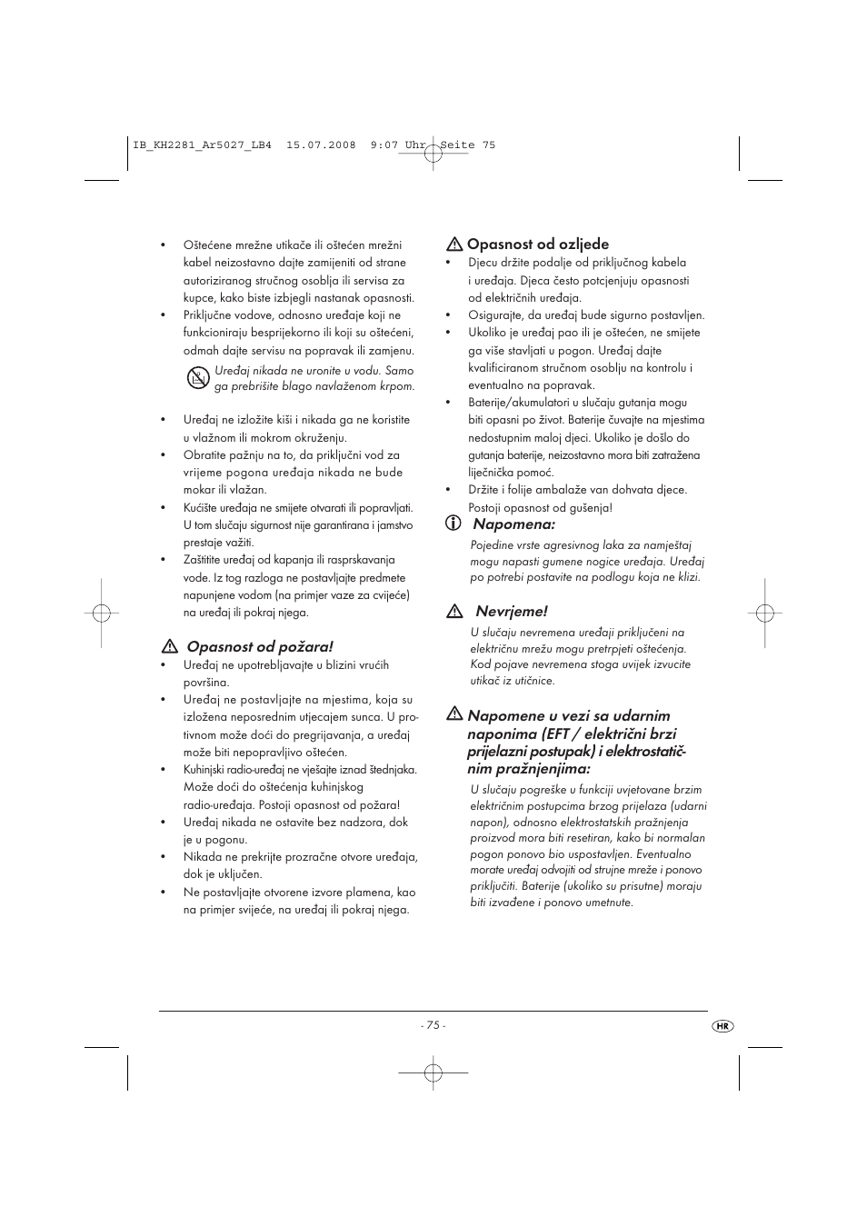 Opasnost od požara, Napomena, Nevrjeme | Silvercrest KH2281-07 User Manual | Page 77 / 98