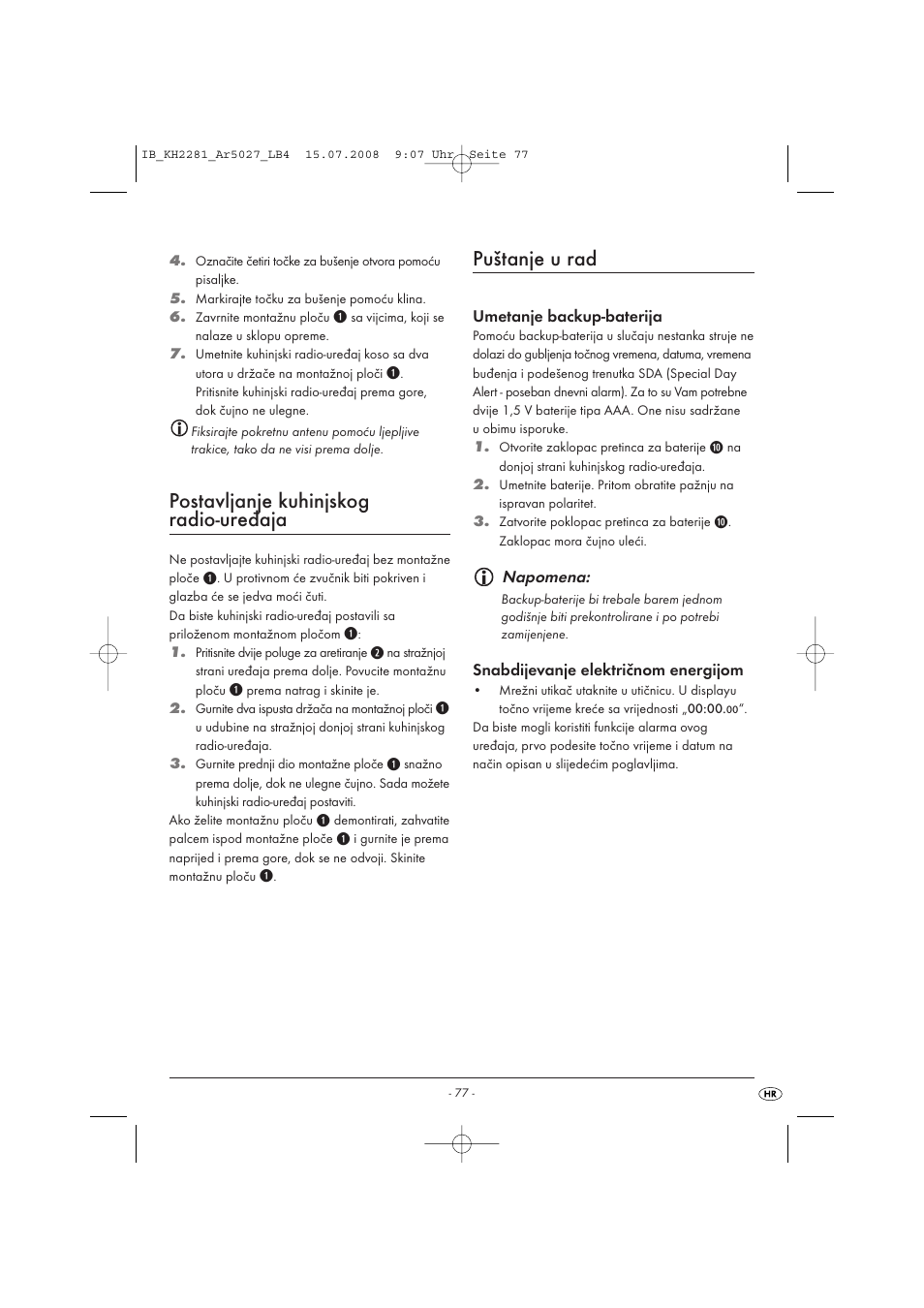 Postavljanje kuhinjskog radio-uređaja, Puštanje u rad | Silvercrest KH2281-07 User Manual | Page 79 / 98