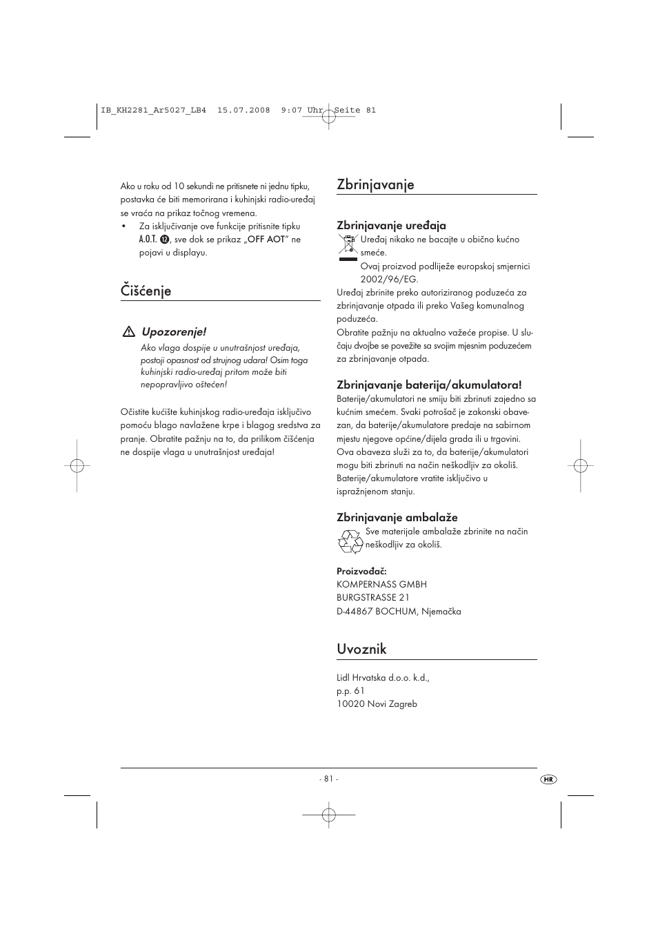 Čišćenje, Zbrinjavanje, Uvoznik | Silvercrest KH2281-07 User Manual | Page 83 / 98