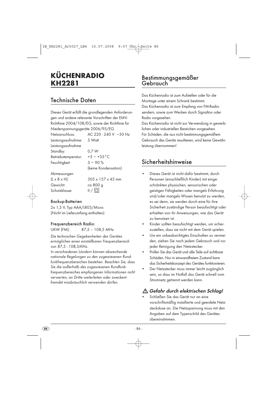 Küchenradio kh2281, Technische daten, Bestimmungsgemäßer gebrauch | Sicherheitshinweise | Silvercrest KH2281-07 User Manual | Page 88 / 98