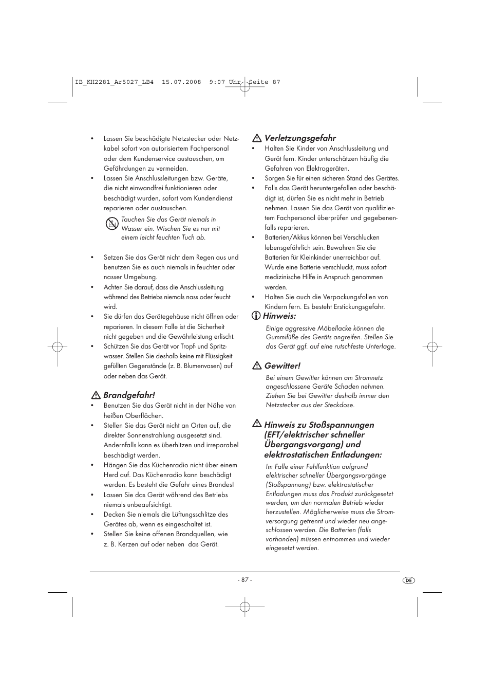 Brandgefahr, Verletzungsgefahr, Hinweis | Gewitter | Silvercrest KH2281-07 User Manual | Page 89 / 98