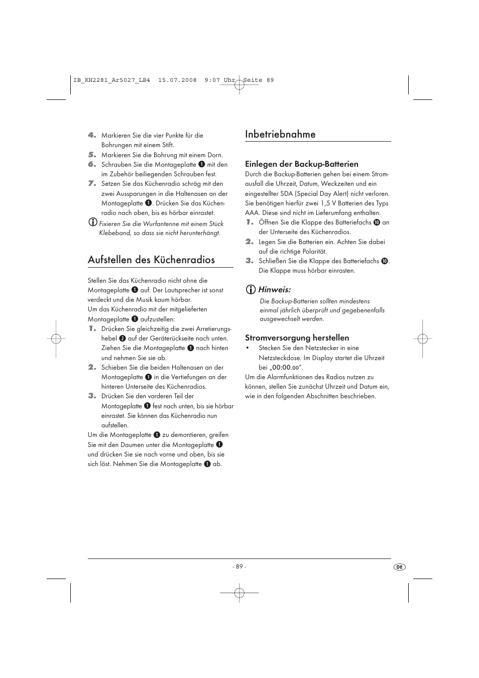 Aufstellen des küchenradios, Inbetriebnahme | Silvercrest KH2281-07 User Manual | Page 91 / 98