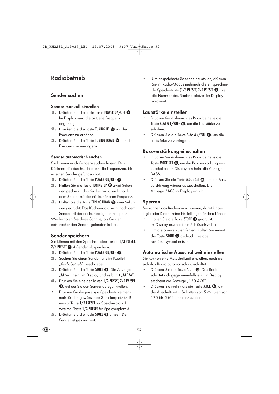 Radiobetrieb | Silvercrest KH2281-07 User Manual | Page 94 / 98