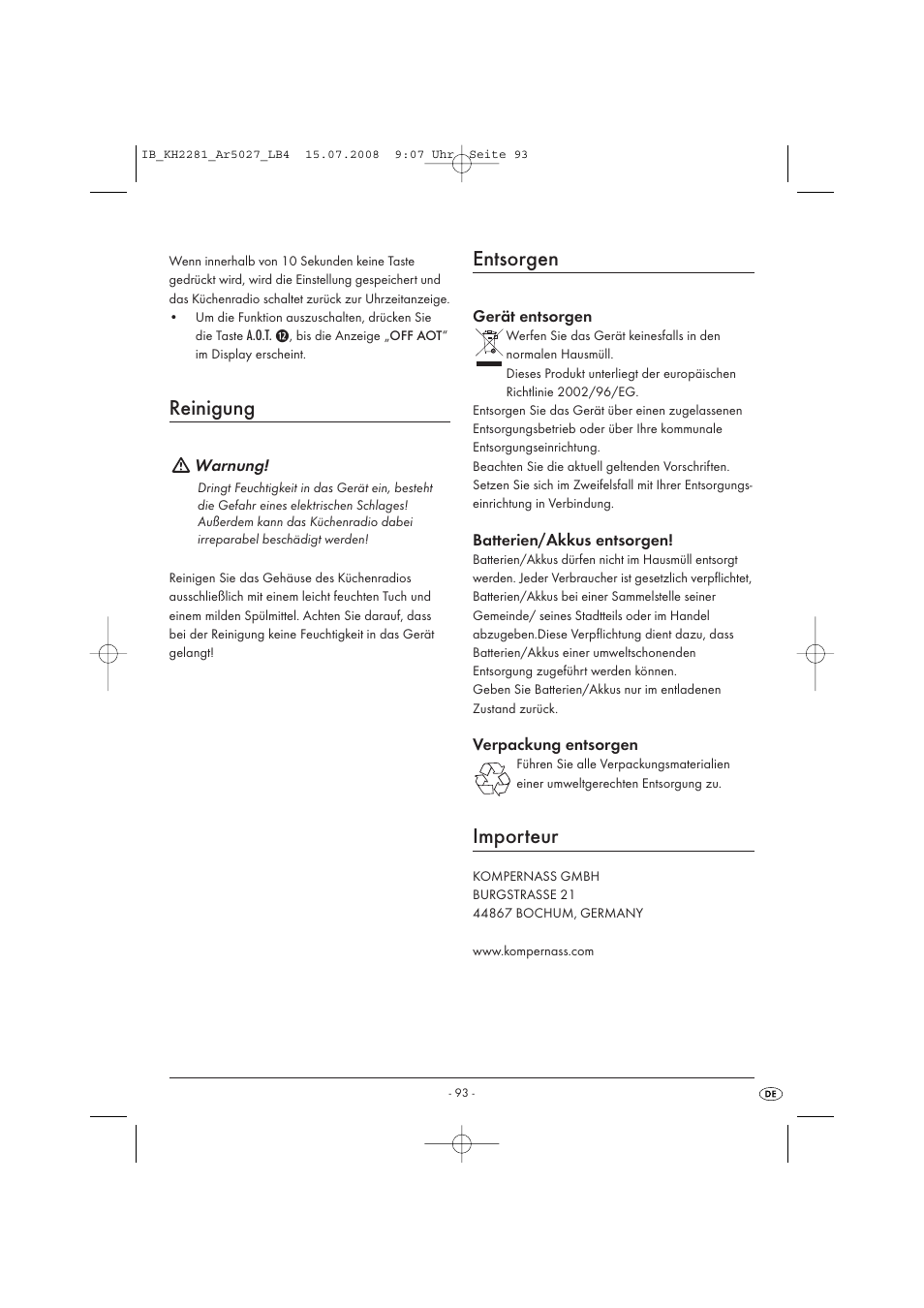 Reinigung, Entsorgen, Importeur | Silvercrest KH2281-07 User Manual | Page 95 / 98