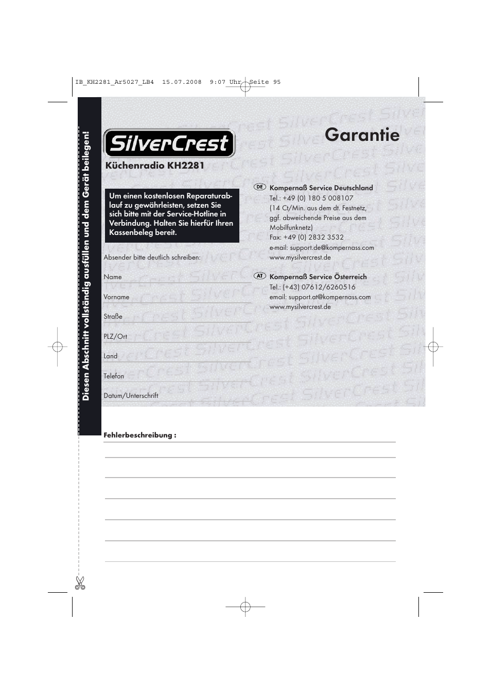 Garantie | Silvercrest KH2281-07 User Manual | Page 97 / 98