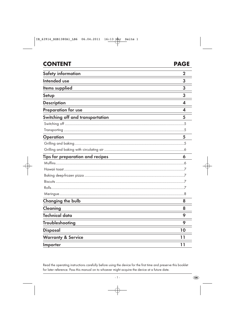 Content page | Silvercrest SGB 1380 B26 User Manual | Page 3 / 13