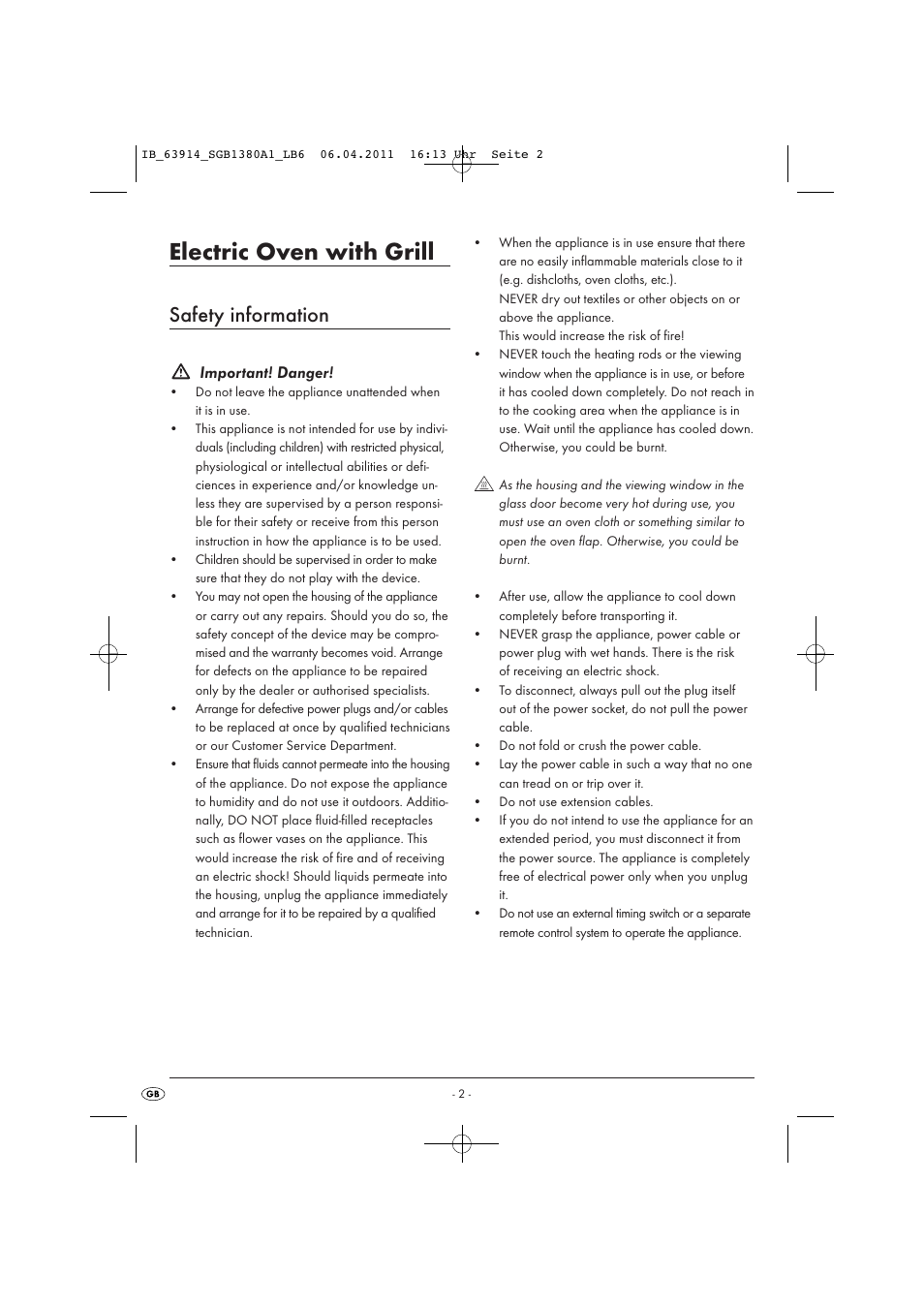 Electric oven with grill, Safety information | Silvercrest SGB 1380 B26 User Manual | Page 4 / 13