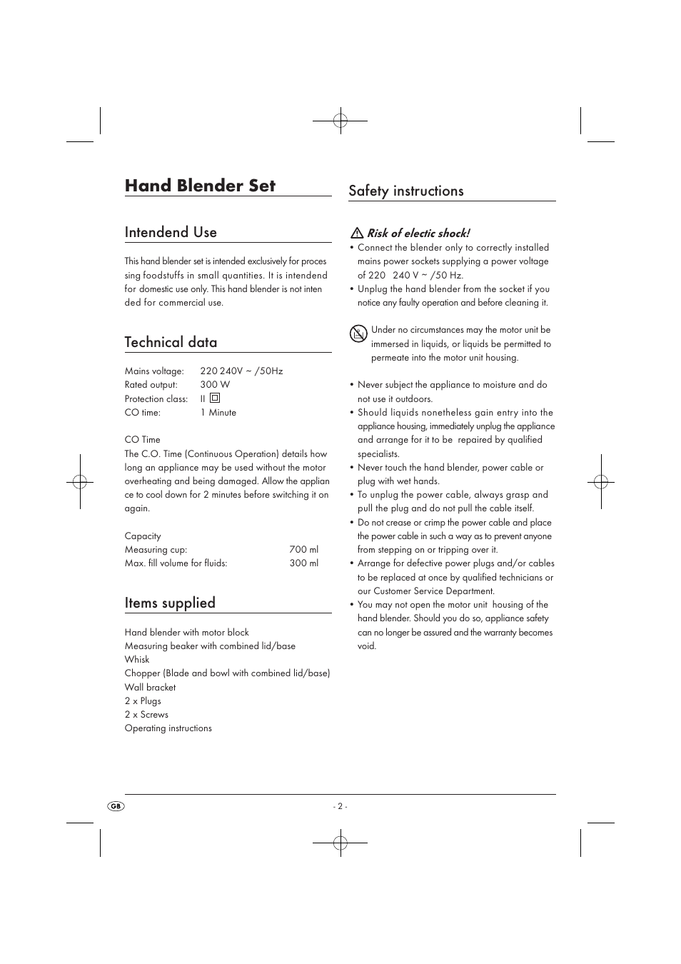 Hand blender set, Intendend use, Technical data | Items supplied, Safety instructions | Silvercrest SSMS 300 A1 User Manual | Page 4 / 8