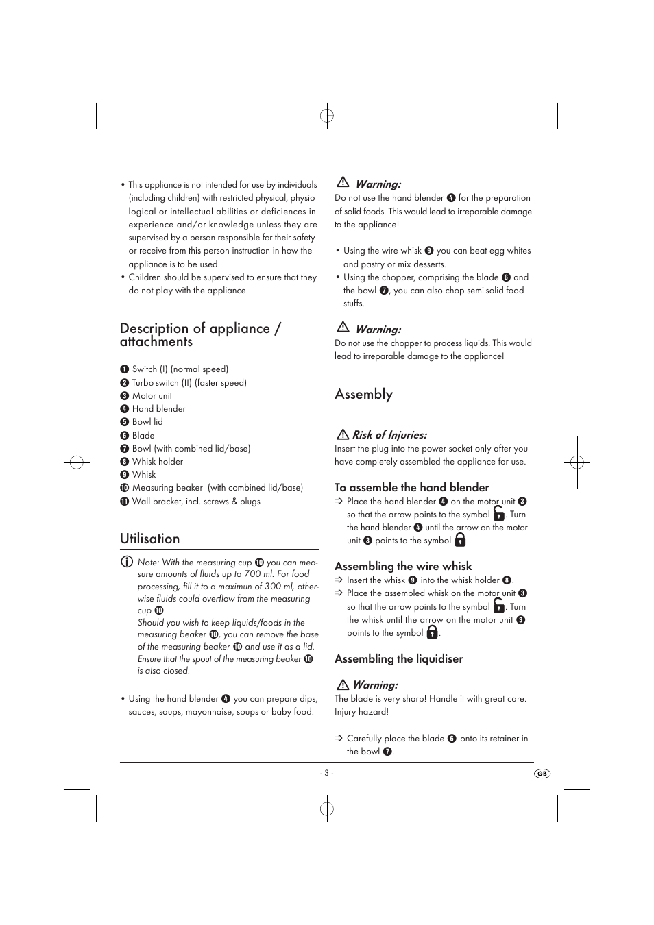 Description of appliance / attachments, Utilisation, Assembly | Silvercrest SSMS 300 A1 User Manual | Page 5 / 8