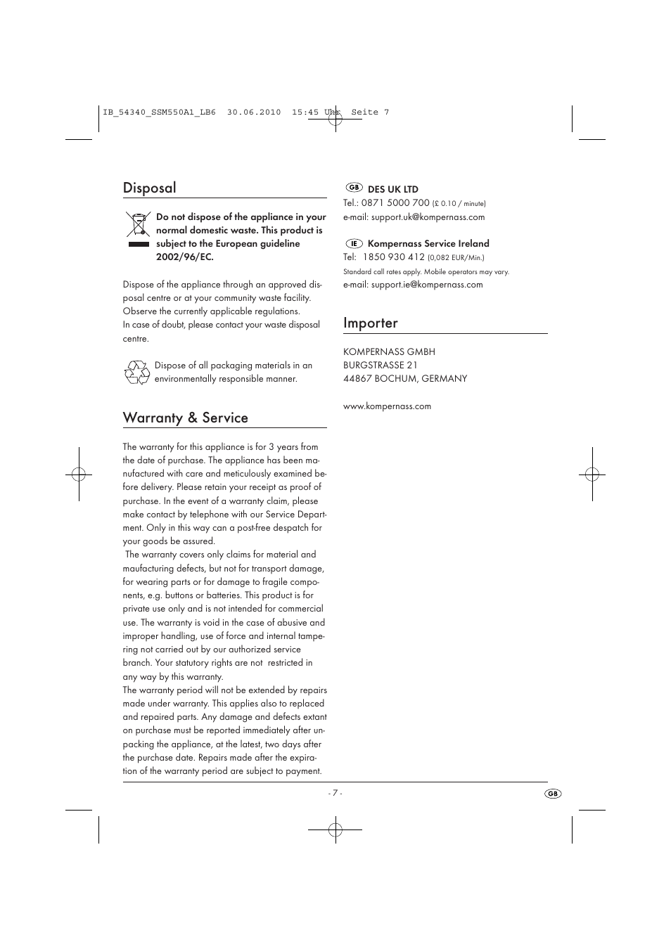 Disposal, Warranty & service, Importer | Silvercrest SSM 550 A16 User Manual | Page 9 / 9