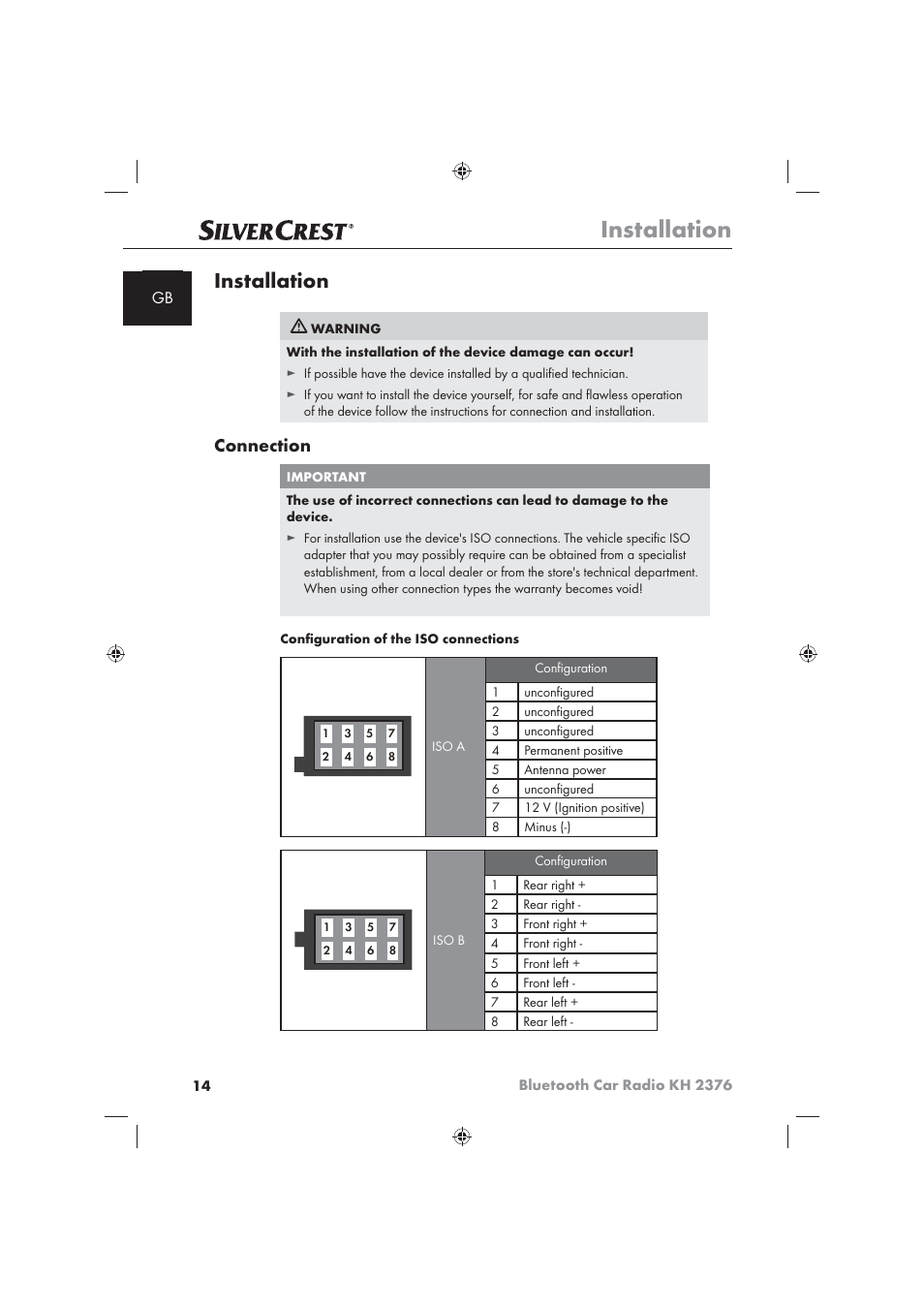 Installation, Connection | Silvercrest KH2376 User Manual | Page 12 / 78