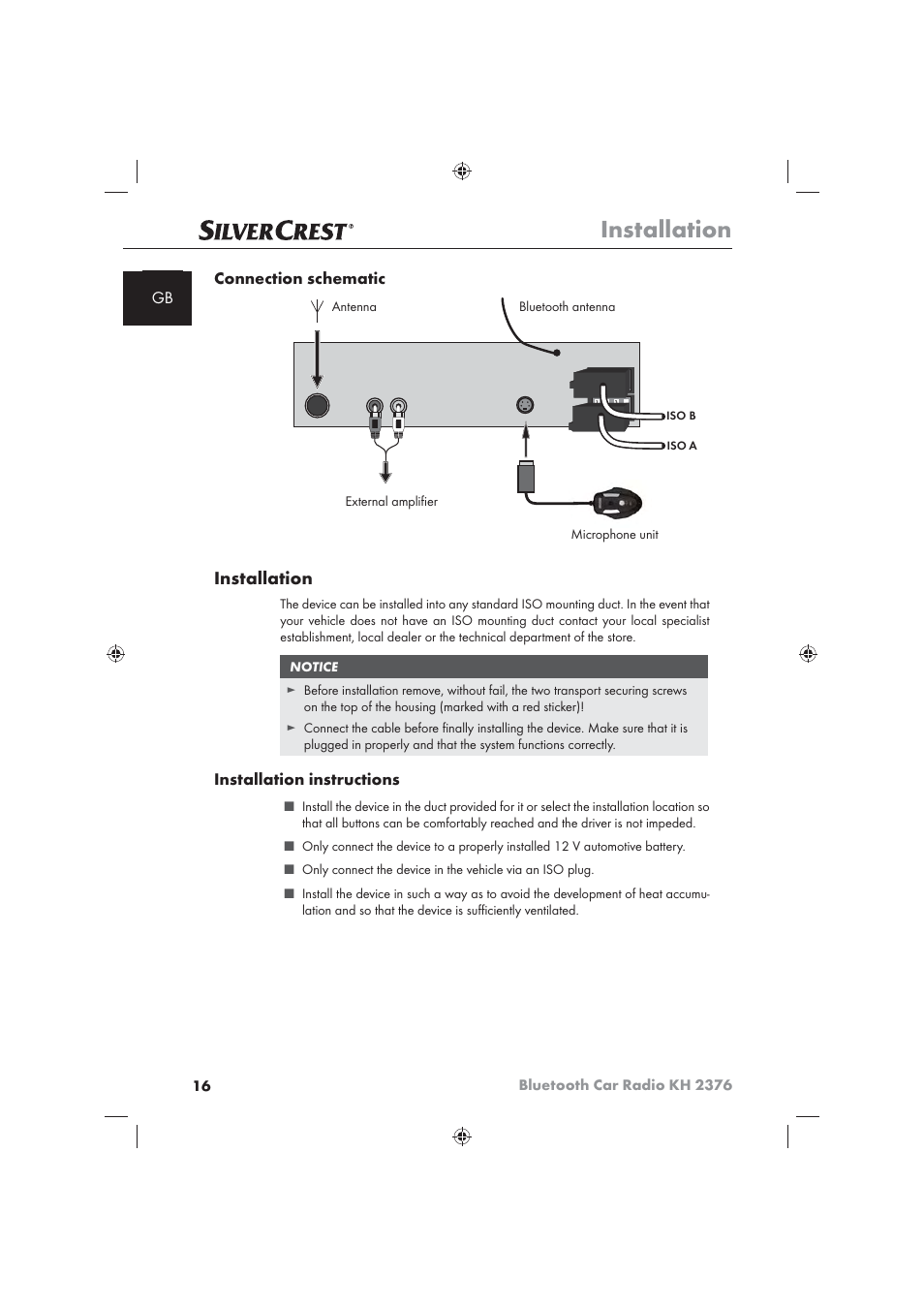 Installation, Gb connection schematic, Installation instructions | Silvercrest KH2376 User Manual | Page 14 / 78