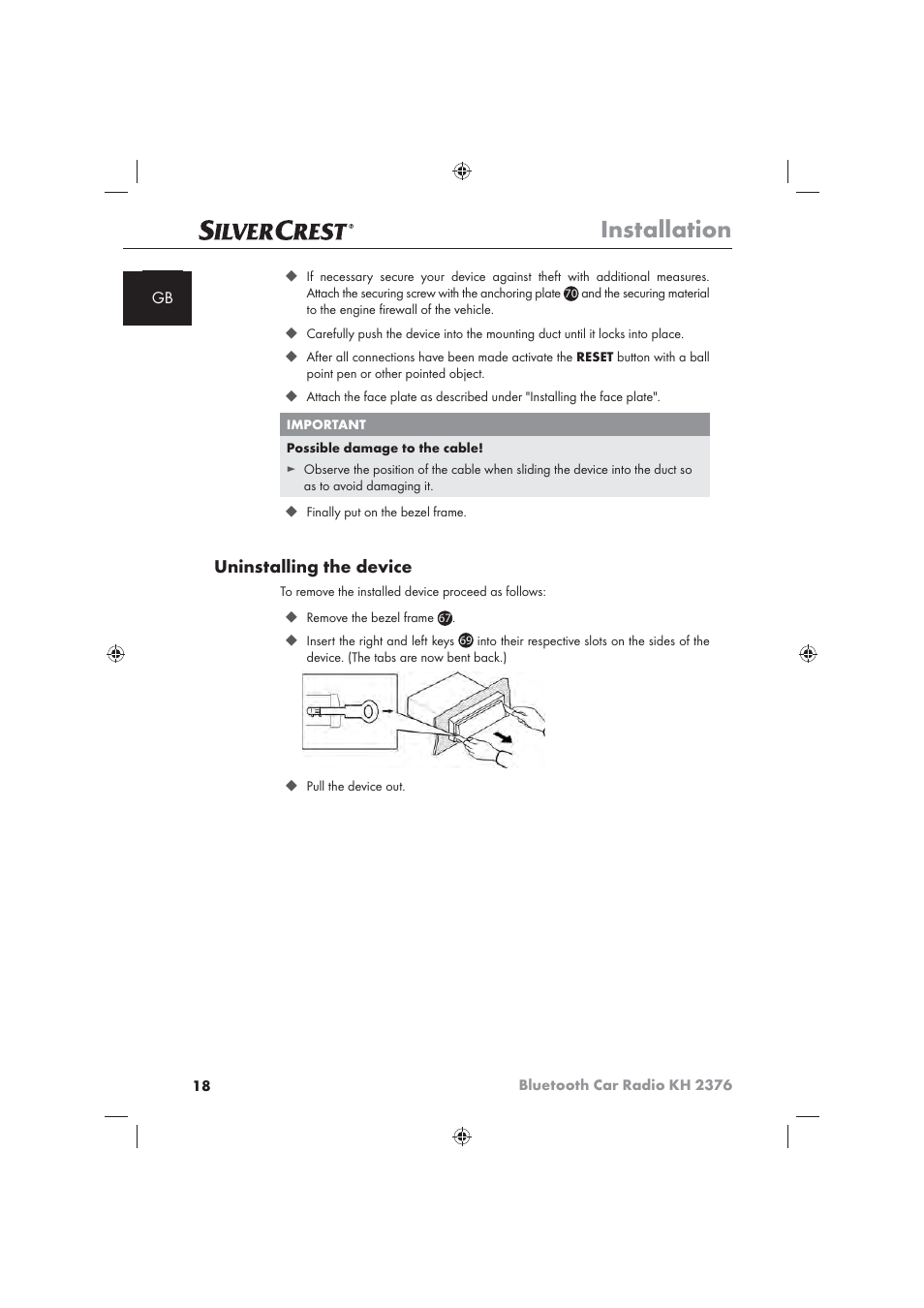 Installation, Uninstalling the device | Silvercrest KH2376 User Manual | Page 16 / 78