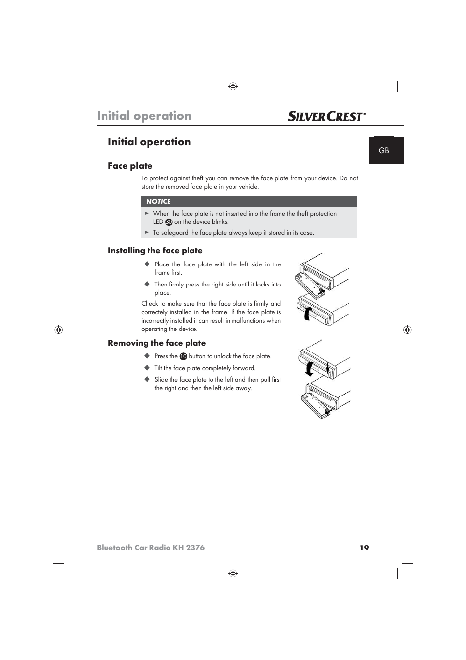 Initial operation, Face plate | Silvercrest KH2376 User Manual | Page 17 / 78