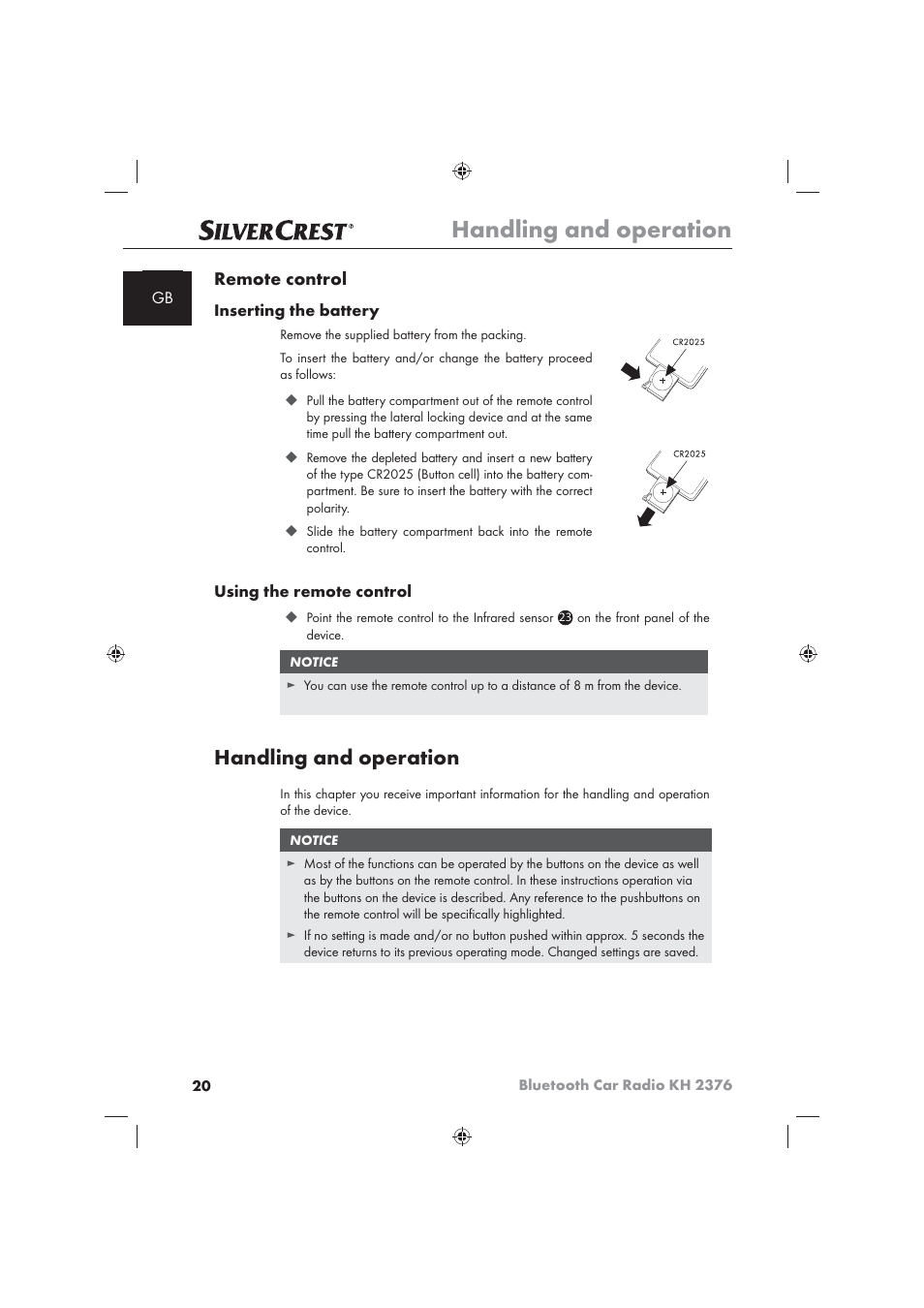 Handling and operation, Remote control | Silvercrest KH2376 User Manual | Page 18 / 78