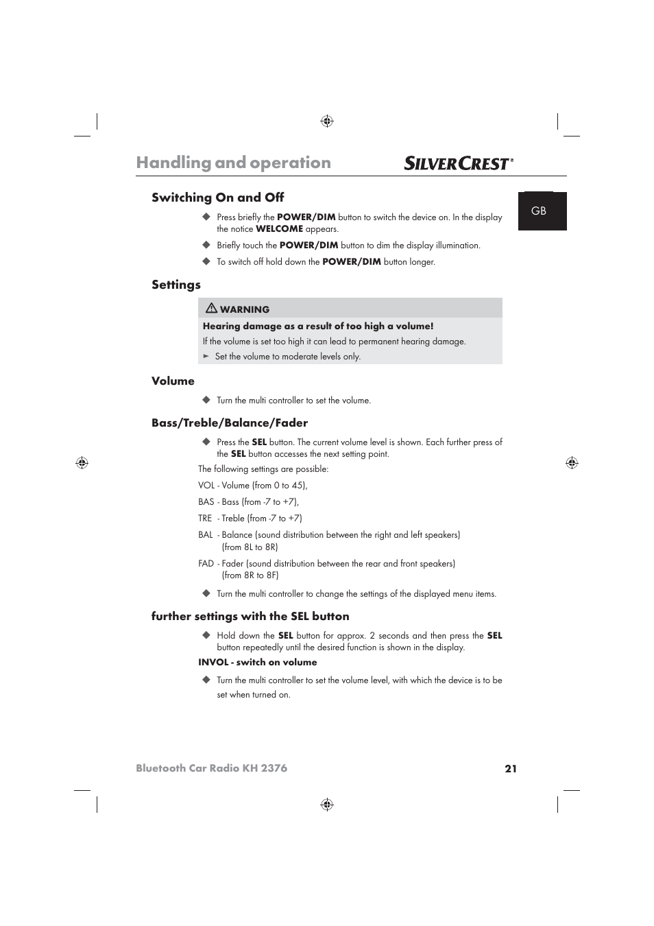 Handling and operation, Switching on and oﬀ, Settings | Silvercrest KH2376 User Manual | Page 19 / 78