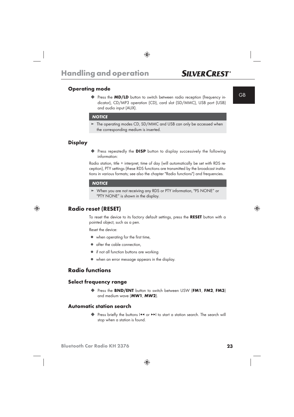Handling and operation, Radio reset (reset), Radio functions | Silvercrest KH2376 User Manual | Page 21 / 78
