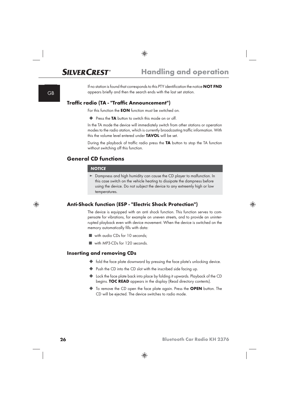 Handling and operation, General cd functions | Silvercrest KH2376 User Manual | Page 24 / 78