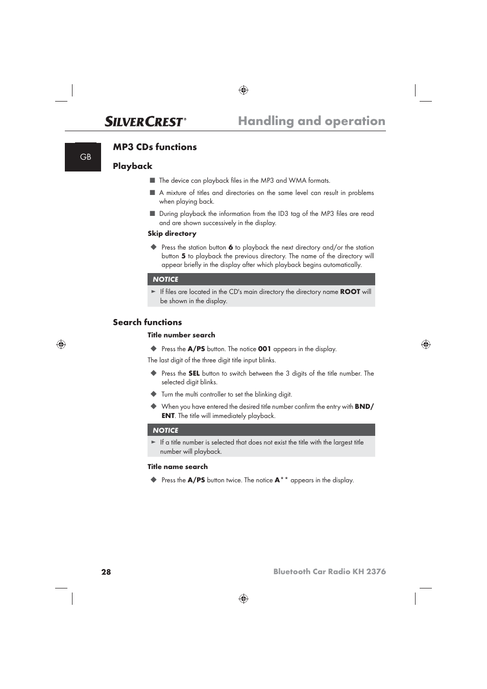 Handling and operation, Mp3 cds functions | Silvercrest KH2376 User Manual | Page 26 / 78