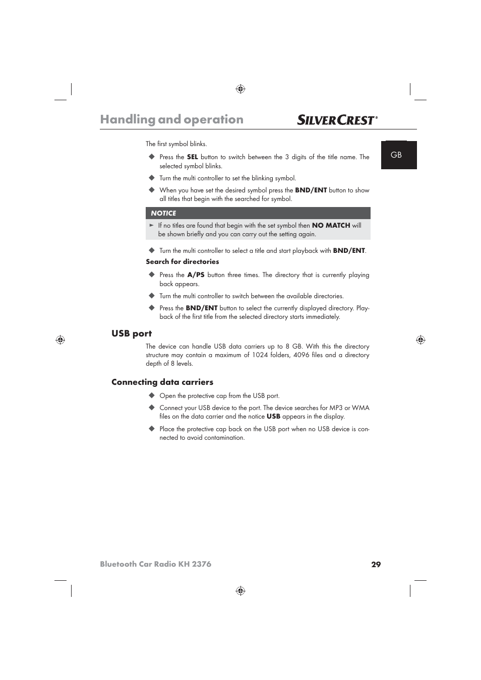 Handling and operation, Usb port | Silvercrest KH2376 User Manual | Page 27 / 78