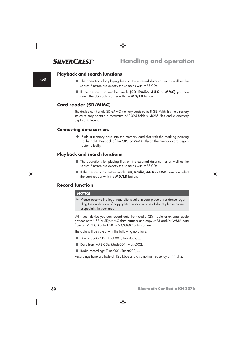 Handling and operation, Card reader (sd/mmc), Record function | Silvercrest KH2376 User Manual | Page 28 / 78