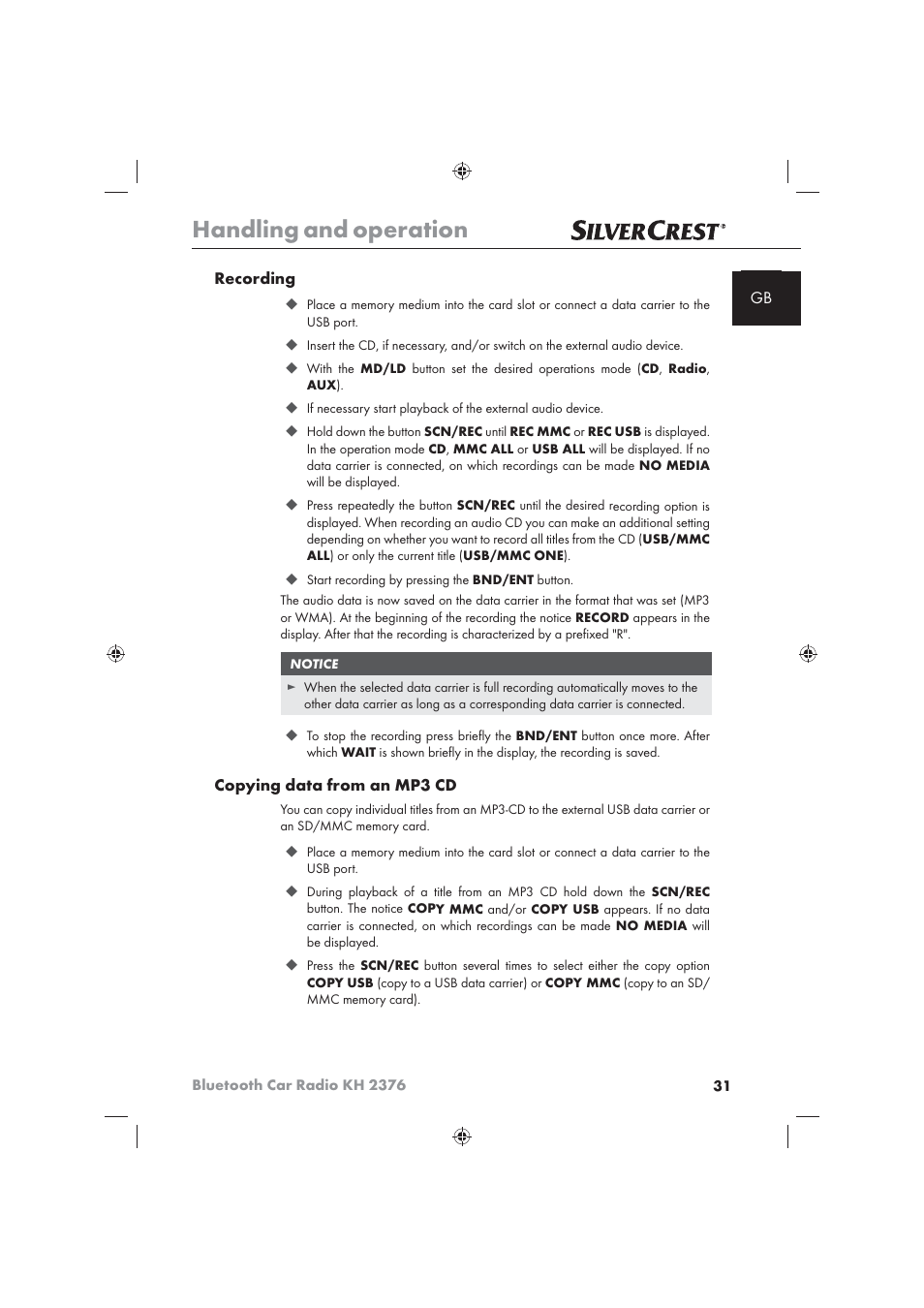 Handling and operation | Silvercrest KH2376 User Manual | Page 29 / 78
