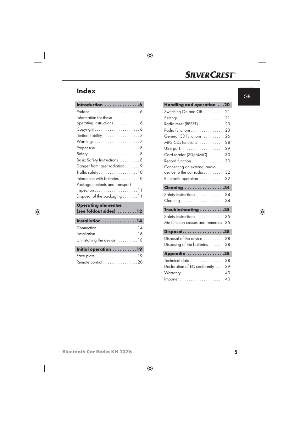 Index | Silvercrest KH2376 User Manual | Page 3 / 78
