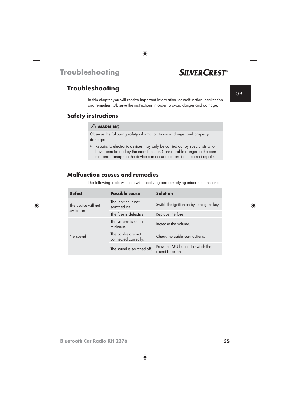 Troubleshooting, Safety instructions, Malfunction causes and remedies | Silvercrest KH2376 User Manual | Page 33 / 78
