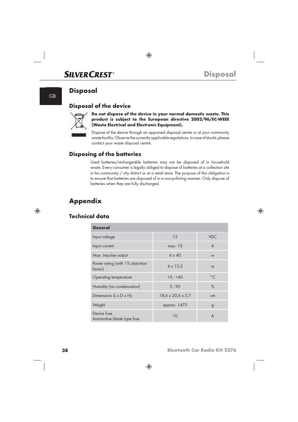 Disposal, Appendix, Disposal of the device | Disposing of the batteries, Technical data | Silvercrest KH2376 User Manual | Page 36 / 78
