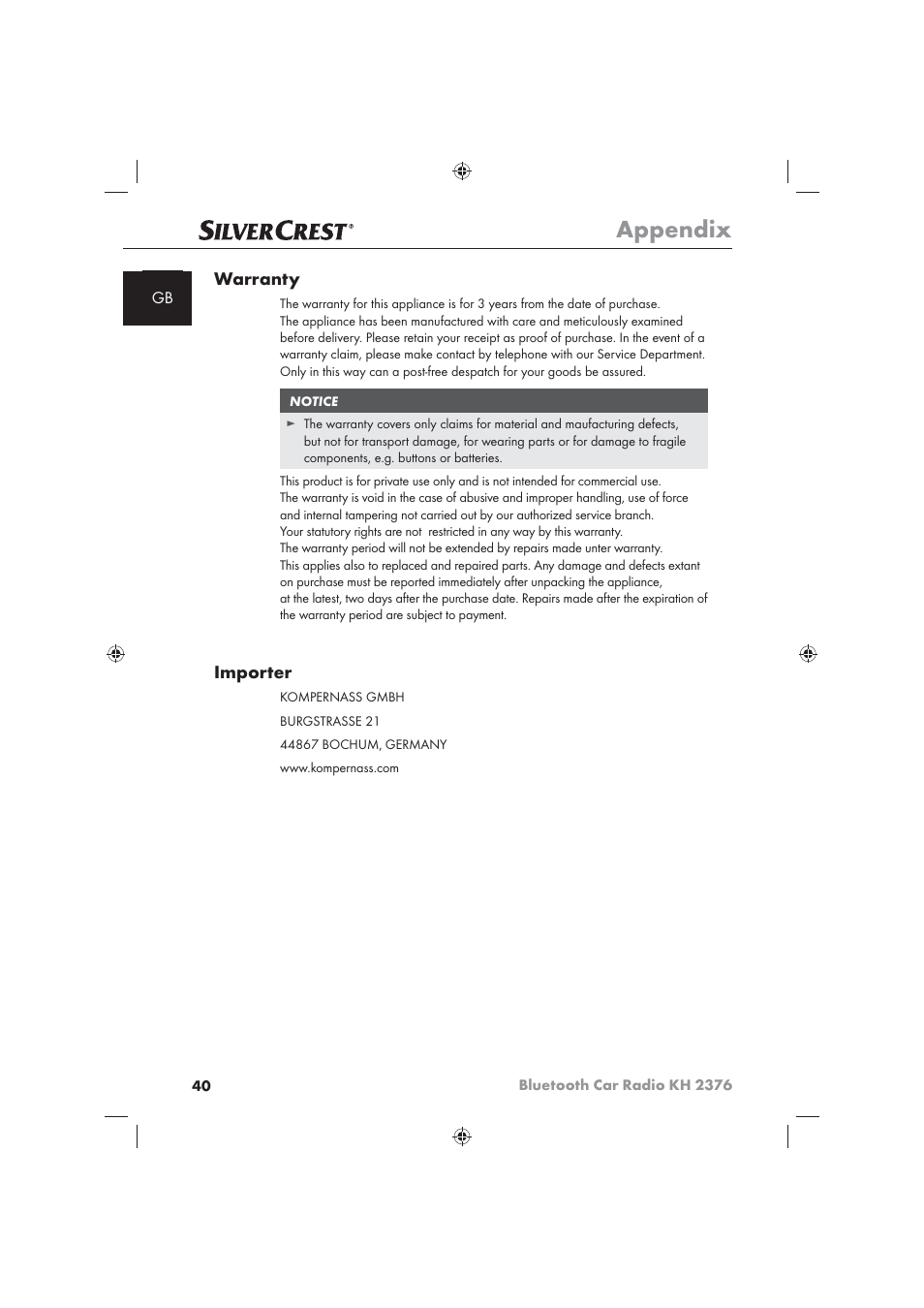 Appendix, Warranty, Importer | Silvercrest KH2376 User Manual | Page 38 / 78