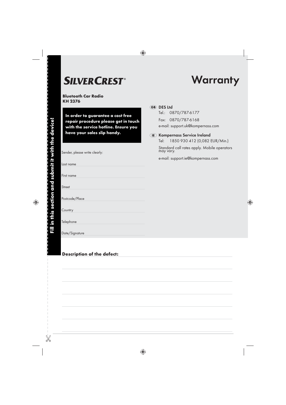 Warranty | Silvercrest KH2376 User Manual | Page 39 / 78