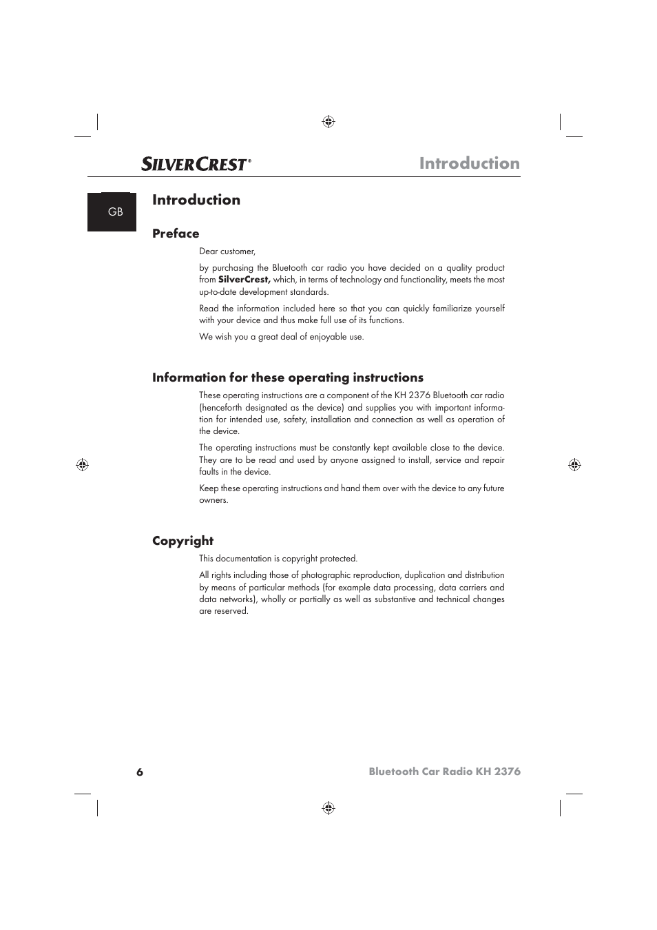 Introduction, Preface, Information for these operating instructions | Copyright | Silvercrest KH2376 User Manual | Page 4 / 78