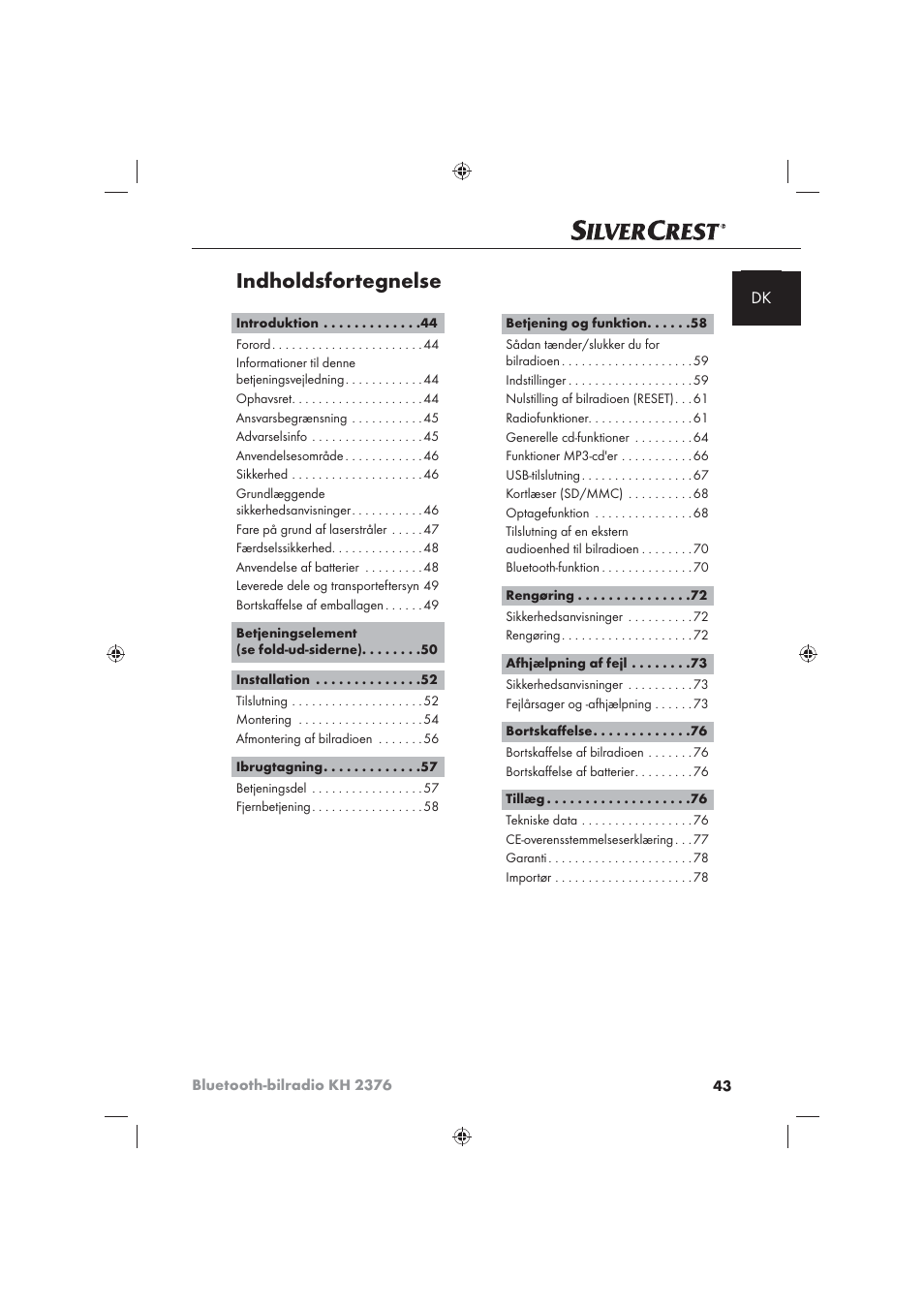 Indholdsfortegnelse | Silvercrest KH2376 User Manual | Page 41 / 78