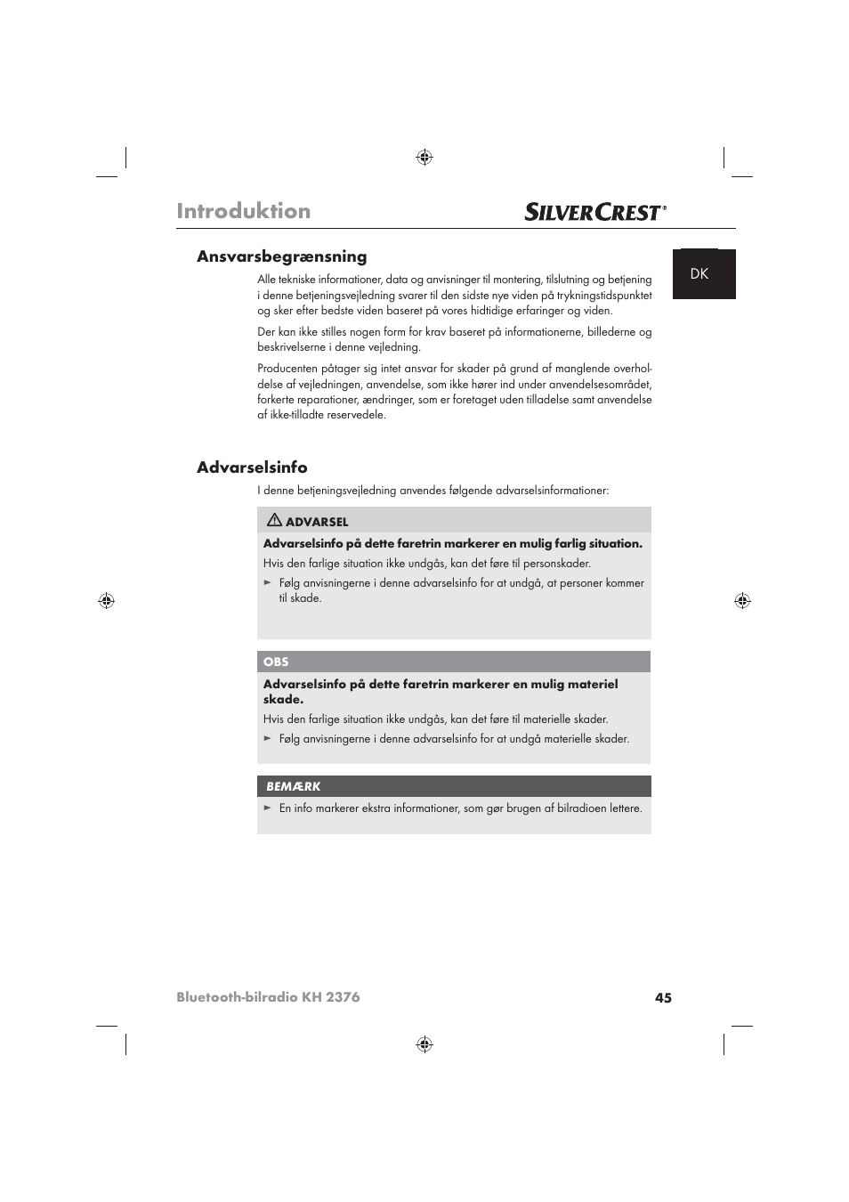 Introduktion, Ansvarsbegrænsning, Advarselsinfo | Silvercrest KH2376 User Manual | Page 43 / 78