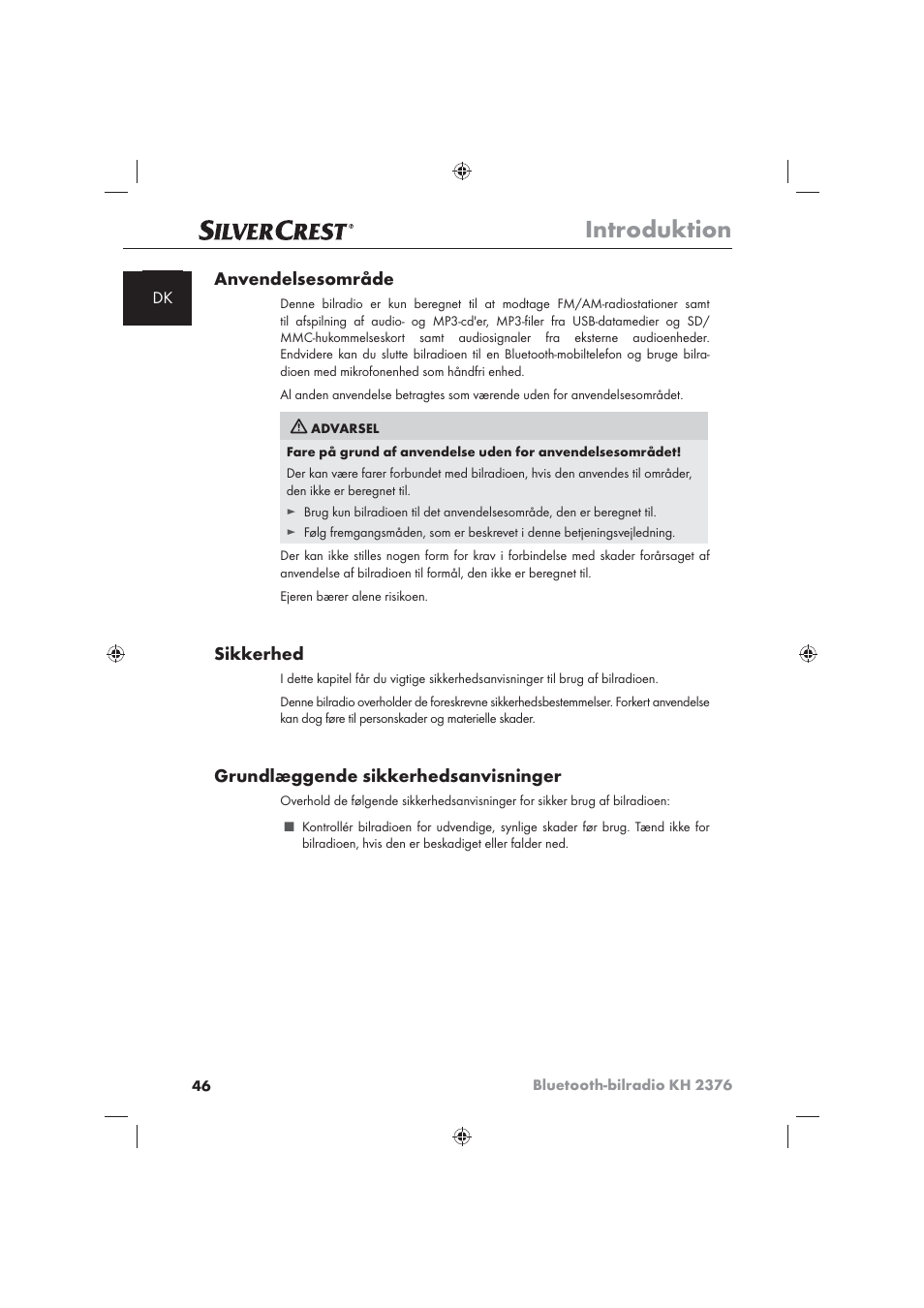Introduktion, Anvendelsesområde, Sikkerhed | Grundlæggende sikkerhedsanvisninger | Silvercrest KH2376 User Manual | Page 44 / 78