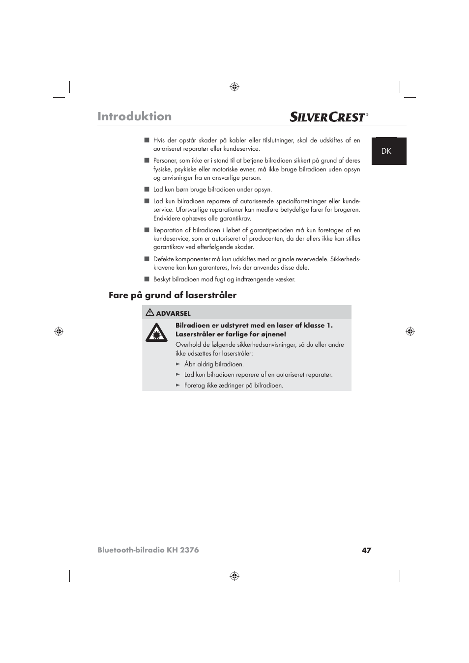 Introduktion, Fare på grund af laserstråler | Silvercrest KH2376 User Manual | Page 45 / 78