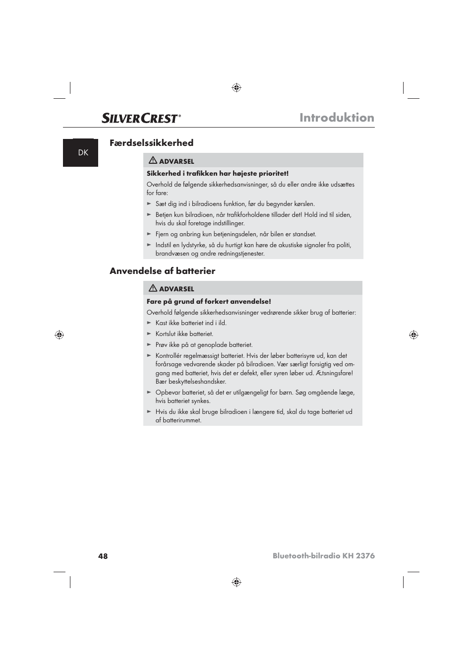 Introduktion, Færdselssikkerhed, Anvendelse af batterier | Silvercrest KH2376 User Manual | Page 46 / 78